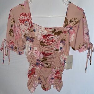 Meraki Floral Ruched Blouse in Pink and Red